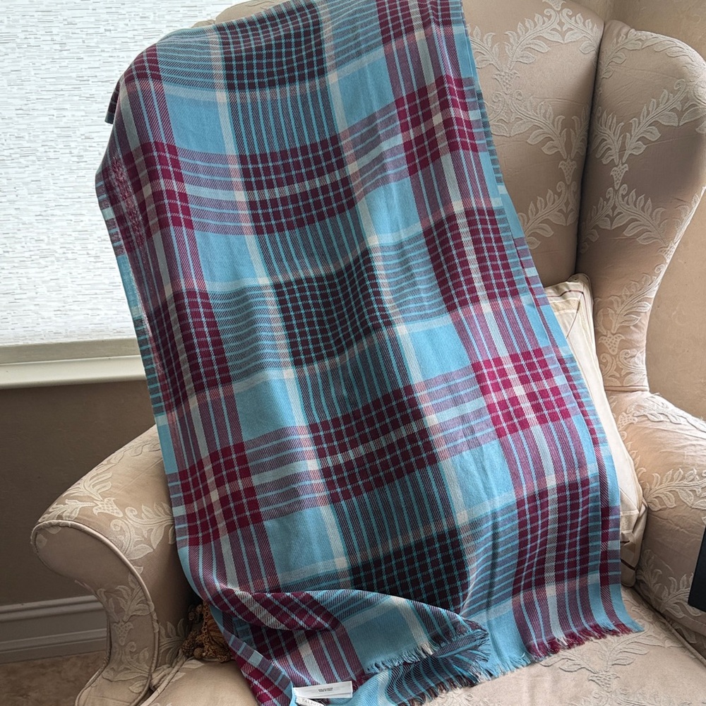 Talbots Teal and Burgundy Plaid scarf lightweight Heavenly colors new no tag